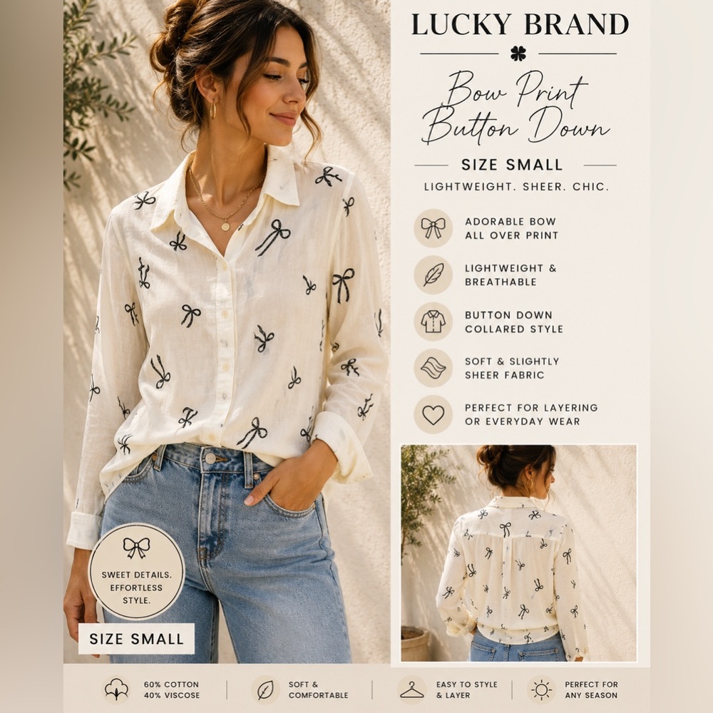 Lucky Brand Sheer Bow Print Button Down Blouse Cream Women’s Small